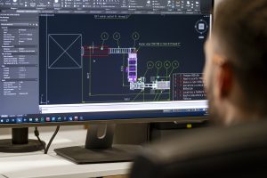 Progettazione in CAD del layout di una linea post-raccolta ortofrutta con componenti e quote numerati