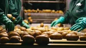Linea di lavorazione patate completa in stabilimento con nastri, calibratrice e cassoni di raccolta
