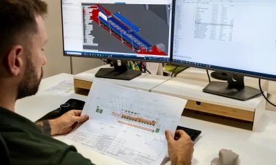 Tecnico confronta il disegno di layout e il modello 3D CAD di una linea modulare per ortofrutta